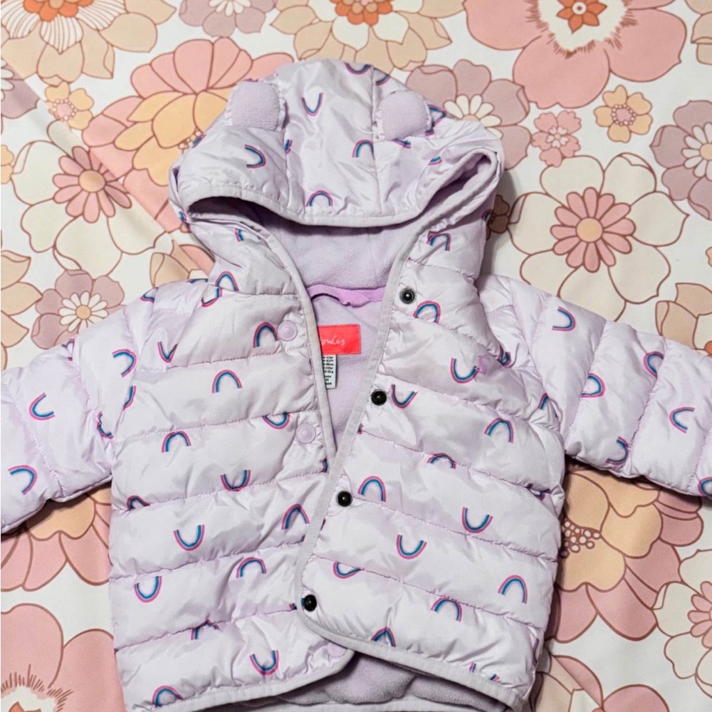 Joules Baby Girls Jessie Printed Padded Coat in lilac rainbow